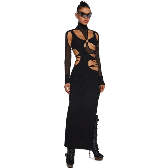 NWT Dolls Kill Mesh and Knit Side Slit Cut Out Turtleneck Black Bodycon Dress - Picture 10 of 10